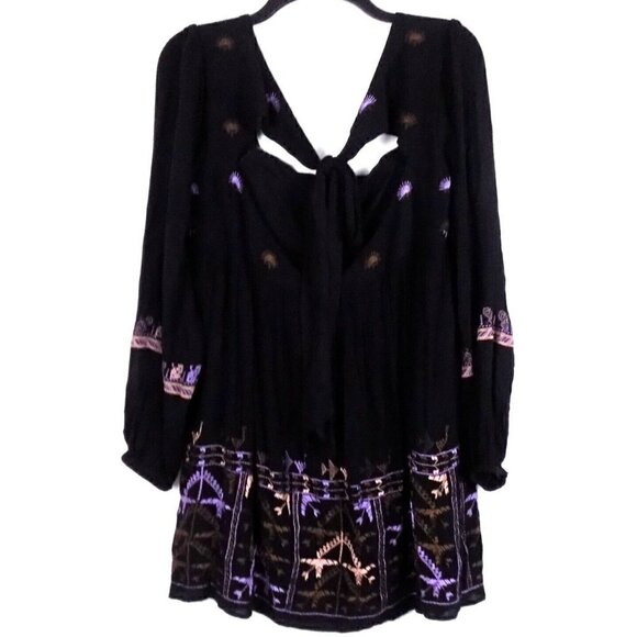 Free People Boho Black Mini Tunic Dress Size XS Rhiannon Embroidery Long Sleeve - Picture 2 of 5